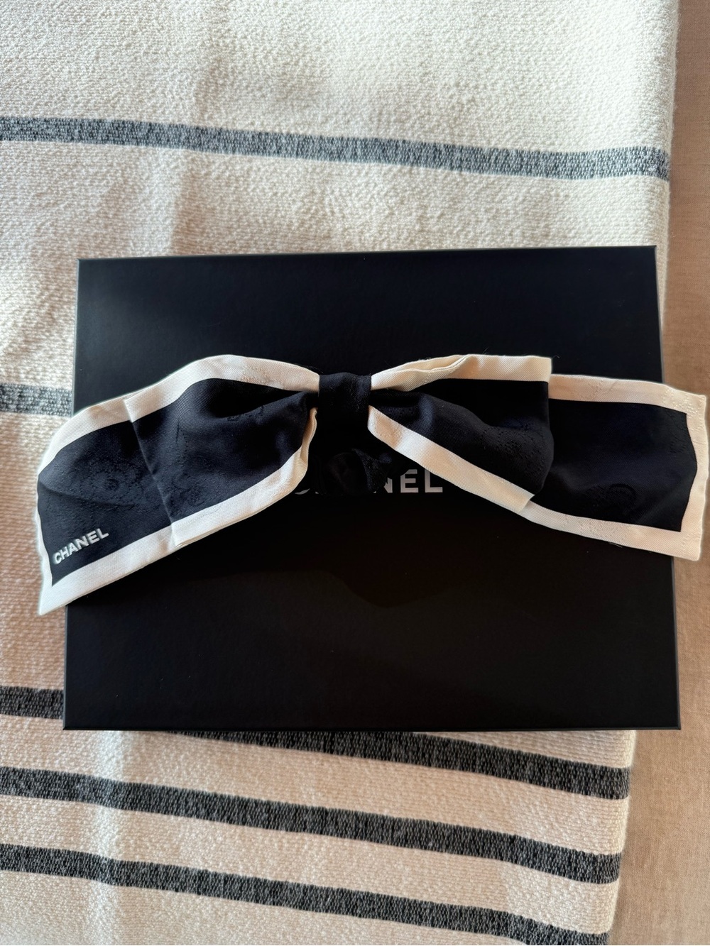 CHANEL Camellia embroidered silk bow scrunchie